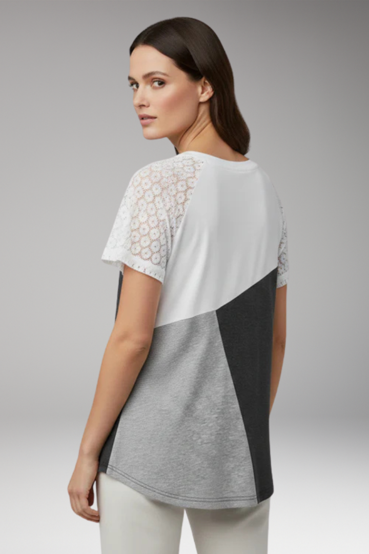 Women's Color Block T Shirt with Lace Sleeves
