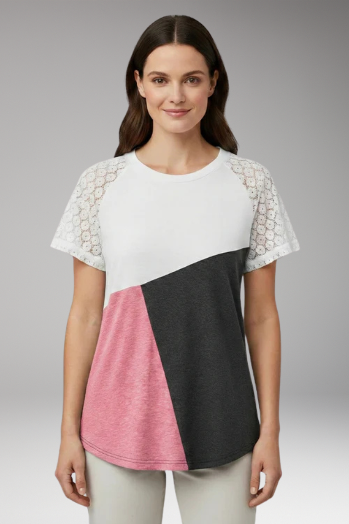 Women's Color Block T Shirt with Lace Sleeves