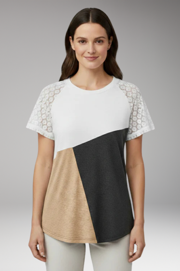 Women's Color Block T Shirt with Lace Sleeves