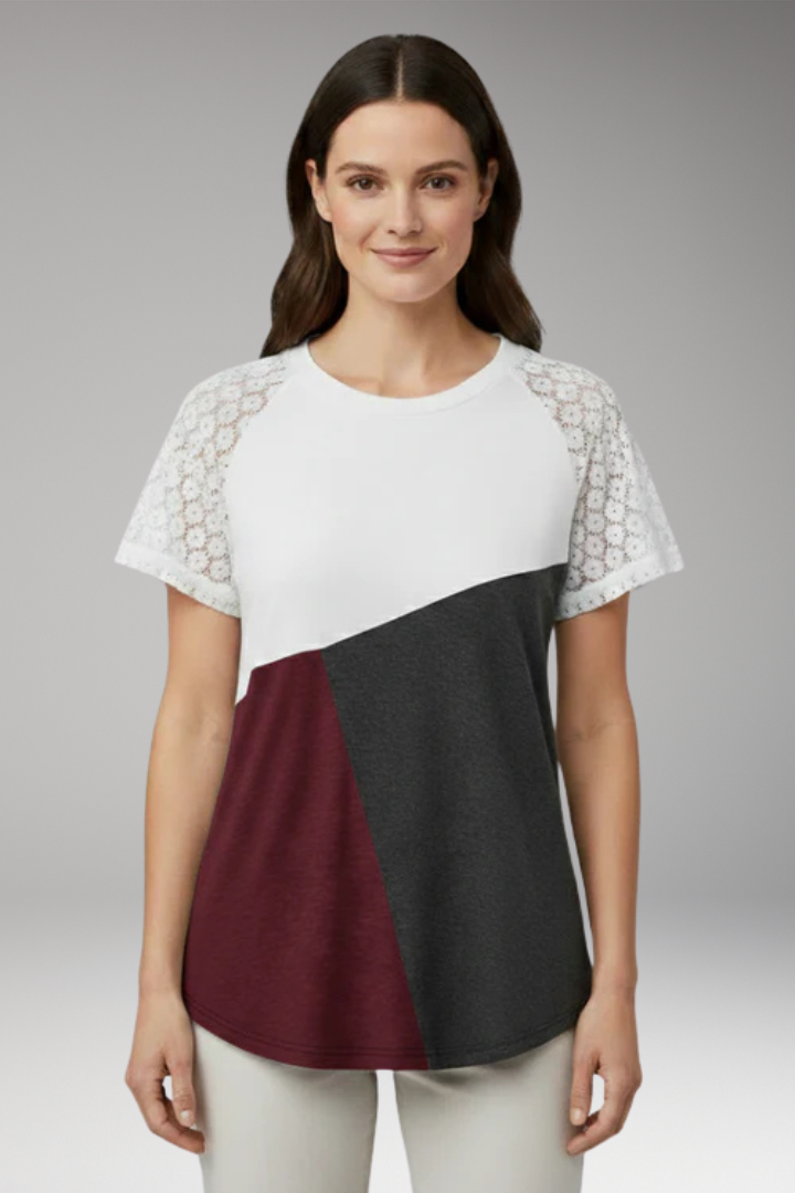 Women's Color Block T Shirt with Lace Sleeves