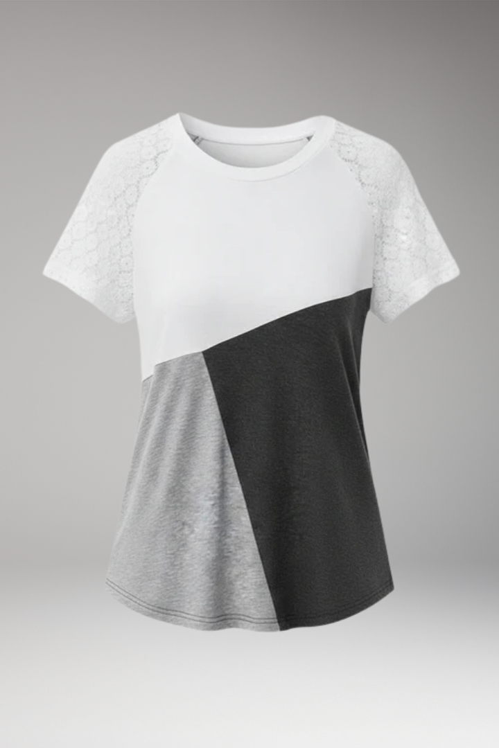 Women's Color Block T Shirt with Lace Sleeves