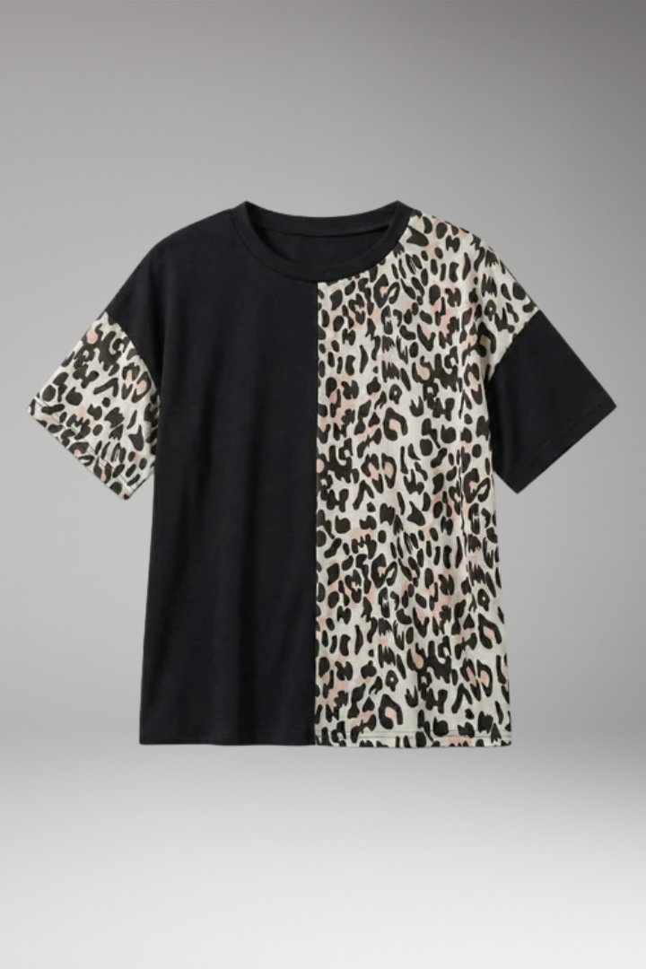 Women's Color Block T Shirt with Leopard Panel