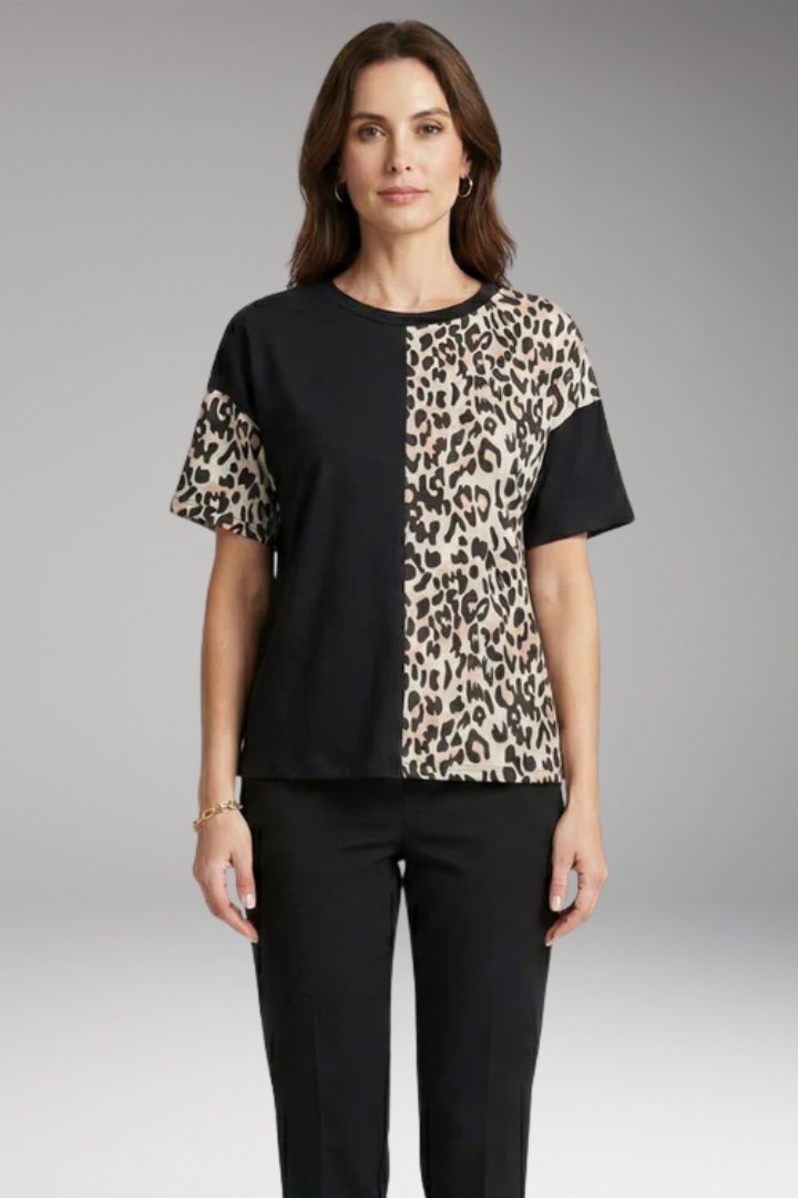Women's Color Block T Shirt with Leopard Panel