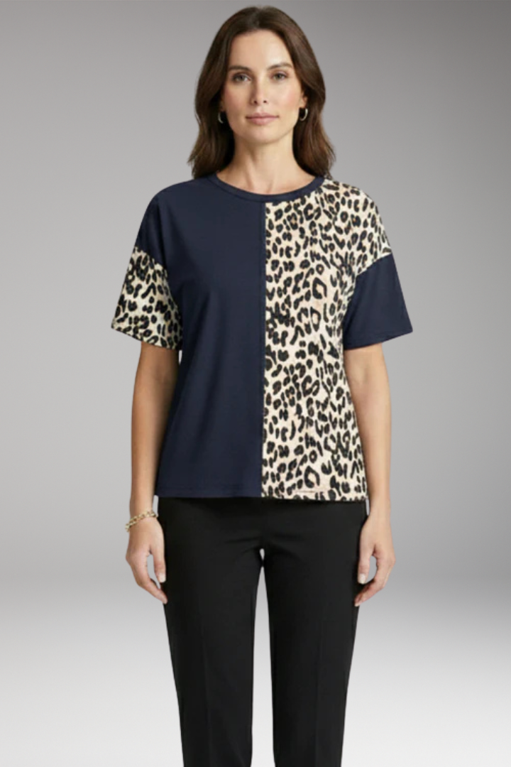 Women's Color Block T Shirt with Leopard Panel