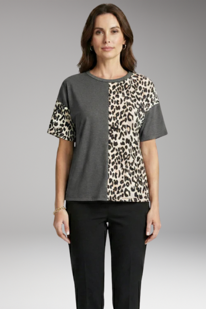 Women's Color Block T Shirt with Leopard Panel