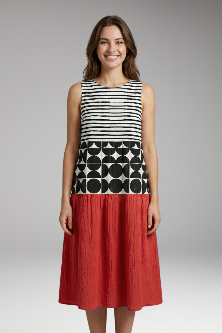 Women's Colorblock Midi Dress with Sleeveless Design and Relaxed Fit