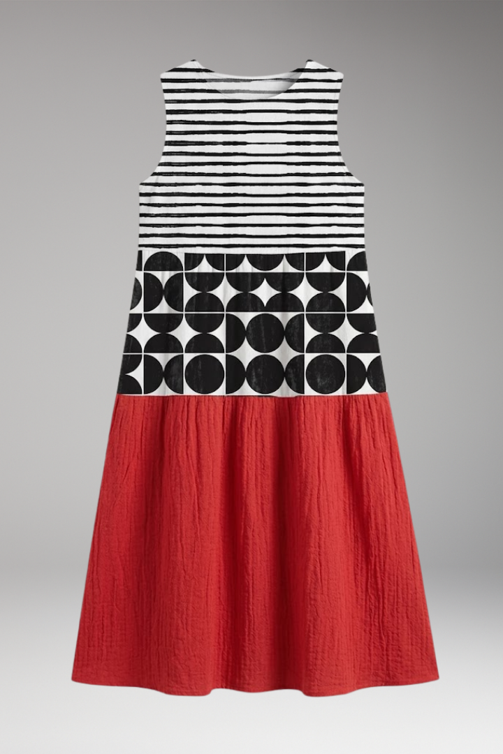 Women's Colorblock Midi Dress with Sleeveless Design and Relaxed Fit