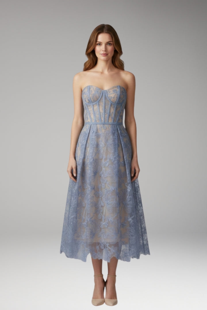 Women's Corset Top Lace Midi Dress with Satin Finish and Elegant Design