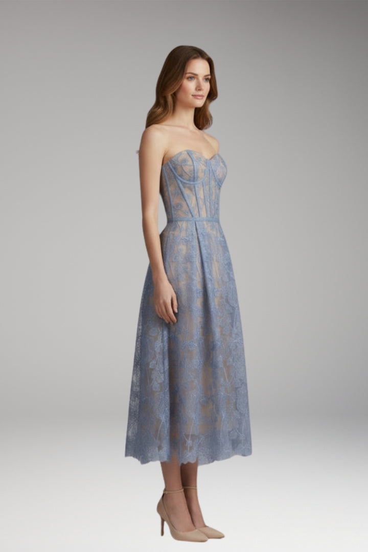 Women's Corset Top Lace Midi Dress with Satin Finish and Elegant Design