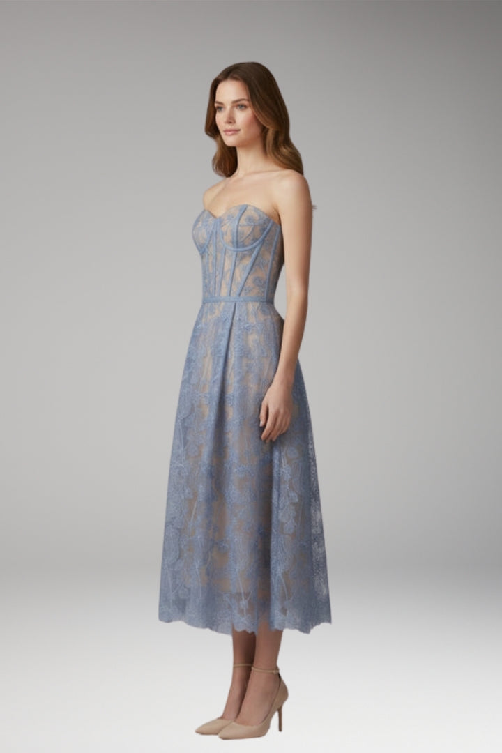 Women's Corset Top Lace Midi Dress with Satin Finish and Elegant Design