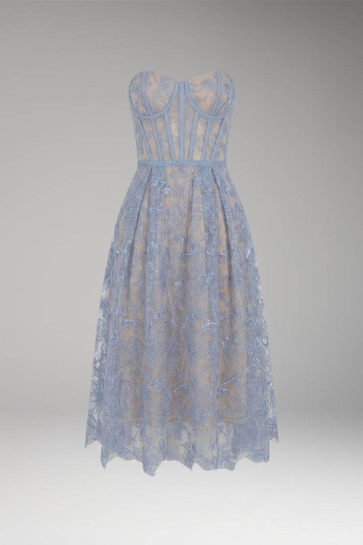 Women's Corset Top Lace Midi Dress with Satin Finish and Elegant Design