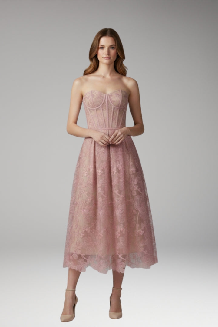 Women's Corset Top Lace Midi Dress with Satin Finish and Elegant Design