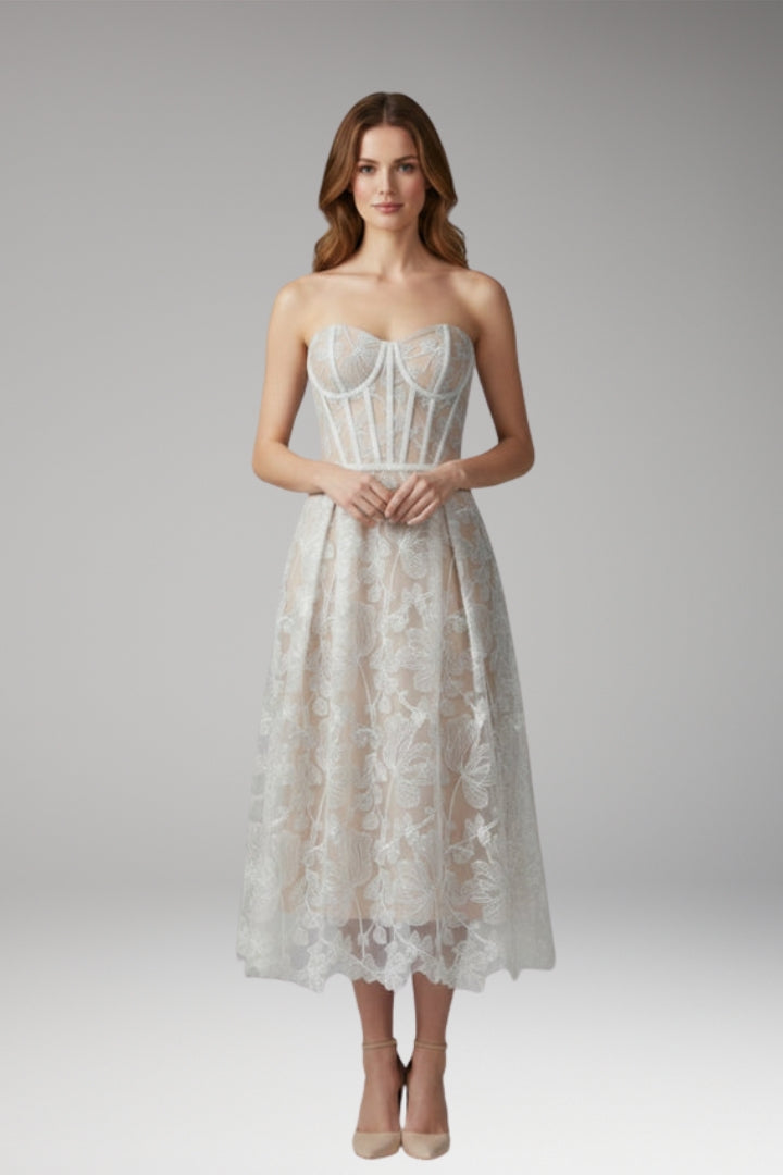 Women's Corset Top Lace Midi Dress with Satin Finish and Elegant Design