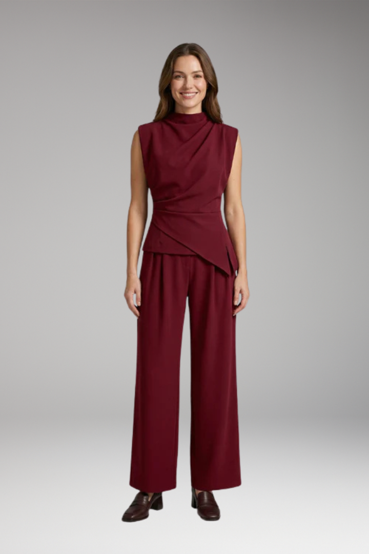 Women's Cozy Two-Piece Set with Draped Top and High-Waisted Pants