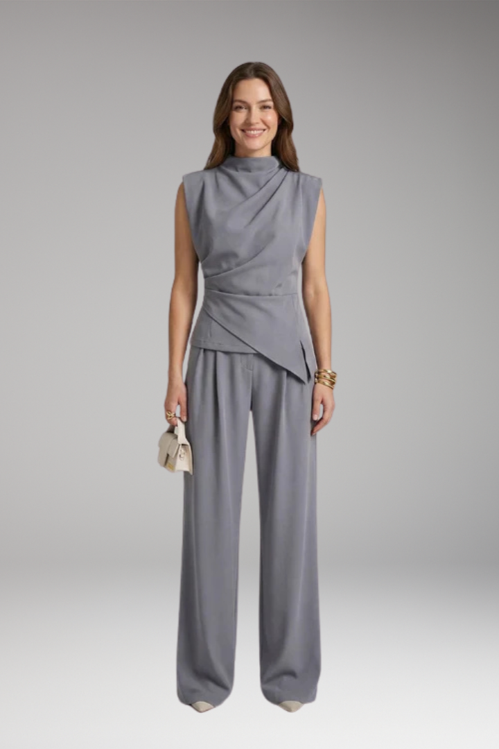 Women's Cozy Two-Piece Set with Draped Top and High-Waisted Pants