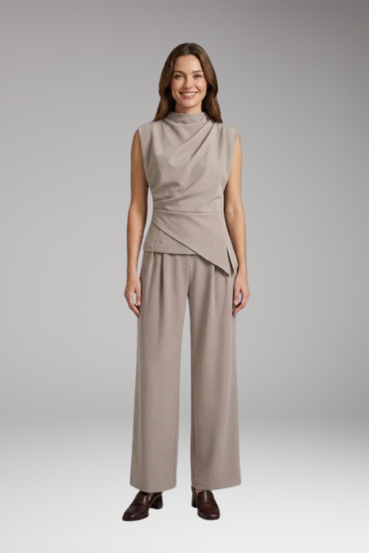 Women's Cozy Two-Piece Set with Draped Top and High-Waisted Pants