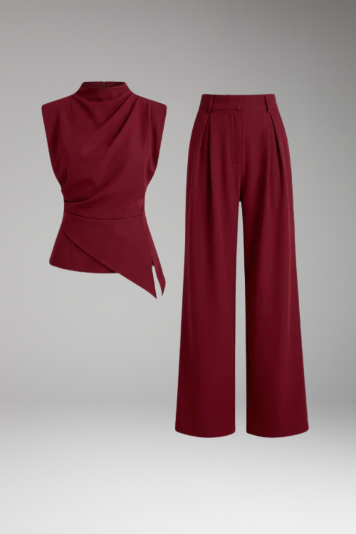 Women's Cozy Two-Piece Set with Draped Top and High-Waisted Pants