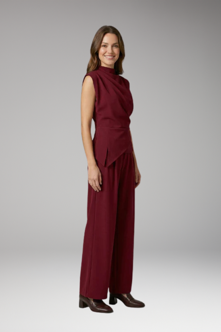 Women's Cozy Two-Piece Set with Draped Top and High-Waisted Pants