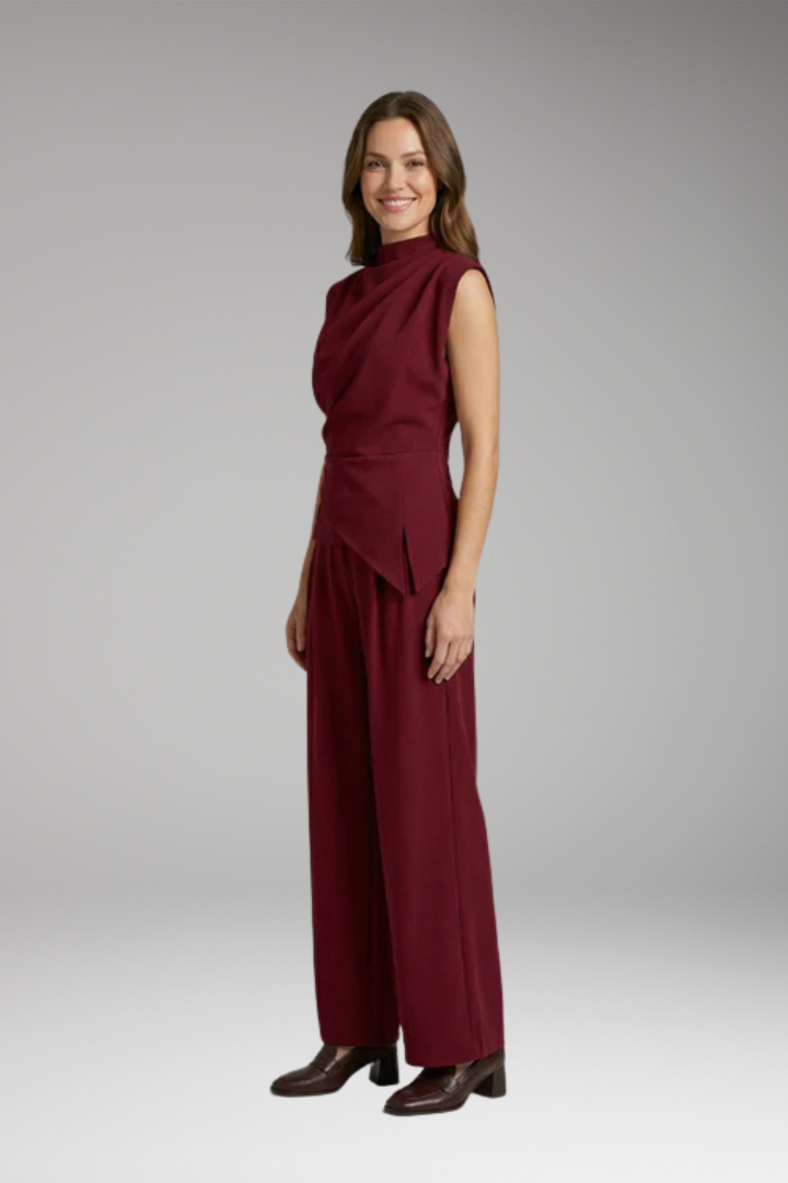 Women's Cozy Two-Piece Set with Draped Top and High-Waisted Pants