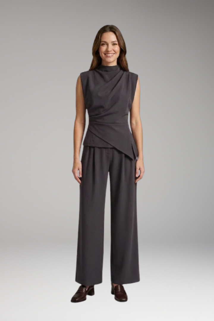 Women's Cozy Two-Piece Set with Draped Top and High-Waisted Pants