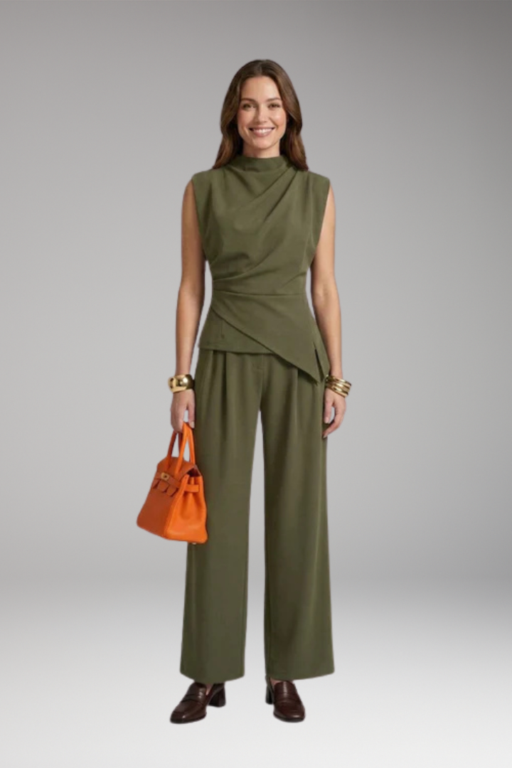 Women's Cozy Two-Piece Set with Draped Top and High-Waisted Pants