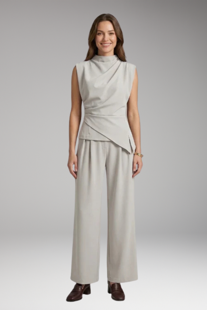 Women's Cozy Two-Piece Set with Draped Top and High-Waisted Pants