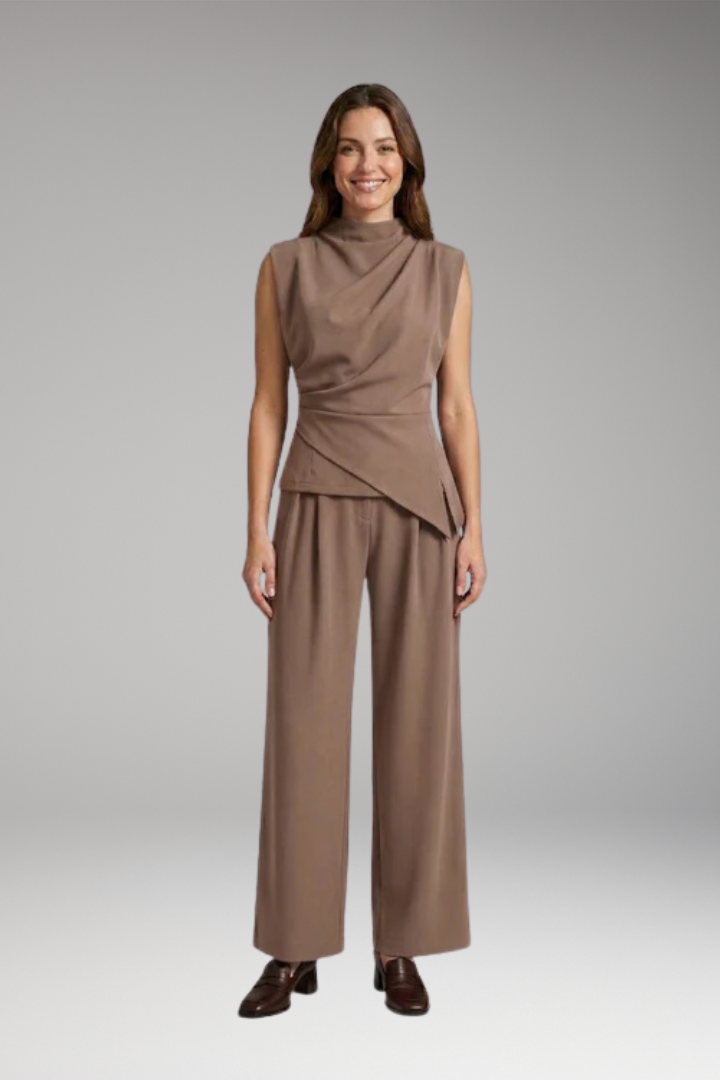 Women's Cozy Two-Piece Set with Draped Top and High-Waisted Pants