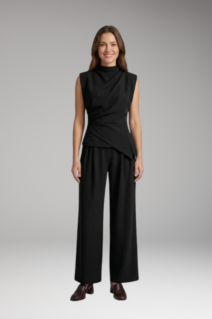 Women's Cozy Two-Piece Set with Draped Top and High-Waisted Pants