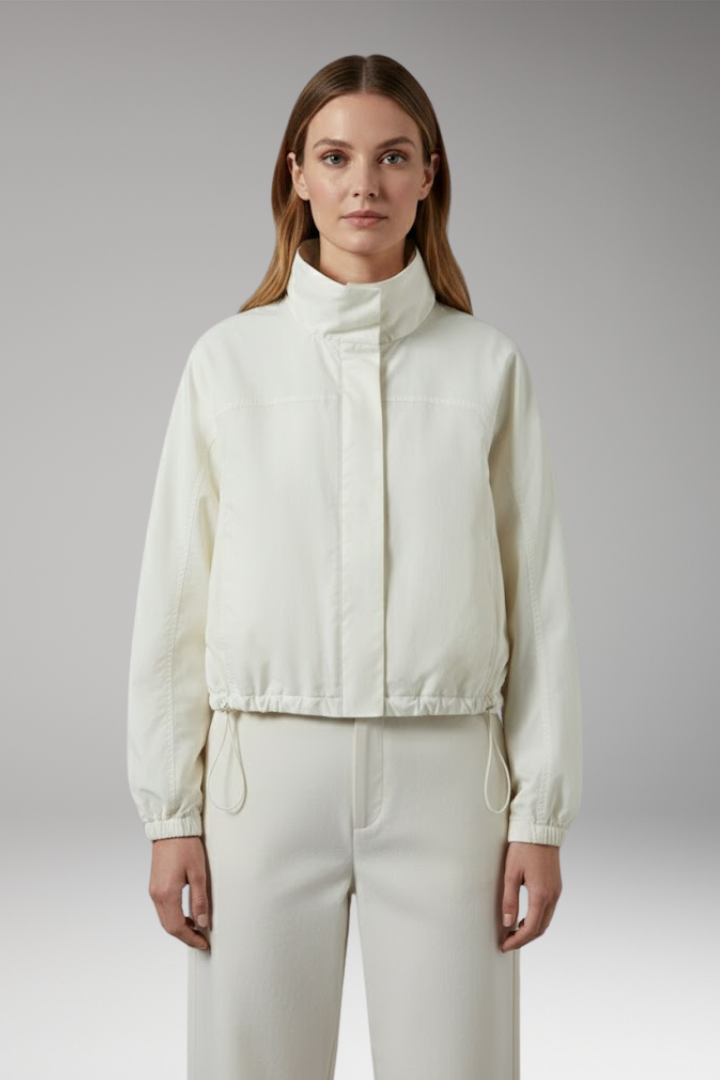 Women's Cropped Bomber Windbreaker with Stand-Up Collar and Elasticated Hem