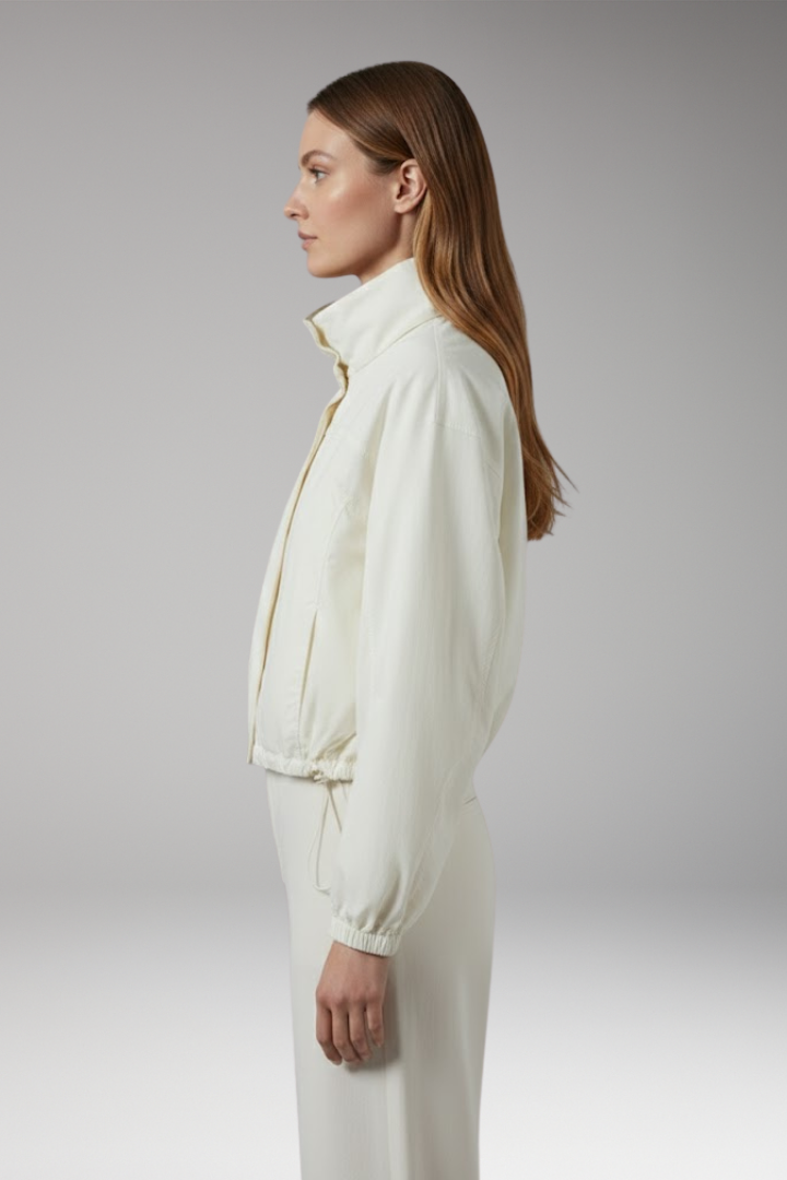 Women's Cropped Bomber Windbreaker with Stand-Up Collar and Elasticated Hem