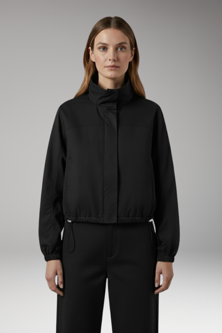 Women's Cropped Bomber Windbreaker with Stand-Up Collar and Elasticated Hem