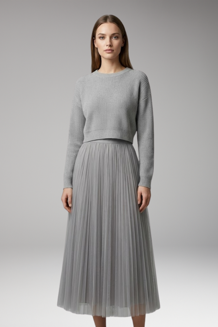 Women's Dress with Cropped Top and Pleated Tulle Skirt
