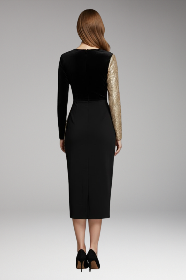 Women's Dress with Golden Glitter and Festive Design
