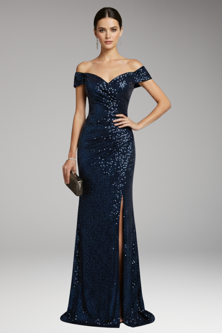 Women's Dress with Off-Shoulder Neckline and Sequined Surface
