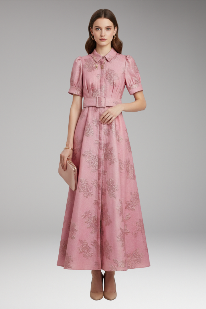 Women's Dress with Puff Sleeves and Belted Waist