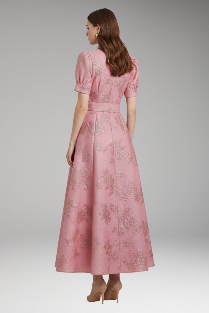 Women's Dress with Puff Sleeves and Belted Waist