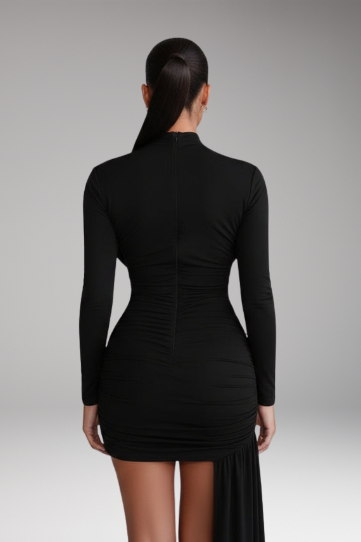 Women's Mini Dress with Asymmetrical Skirt and Stand-Up Collar