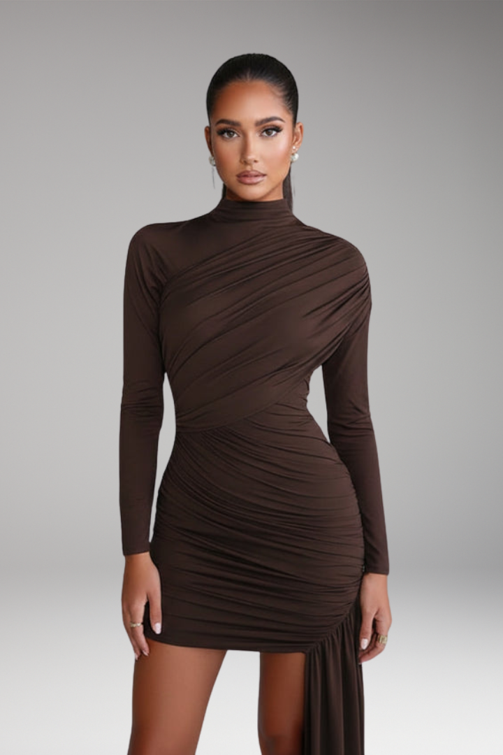 Women's Mini Dress with Asymmetrical Skirt and Stand-Up Collar