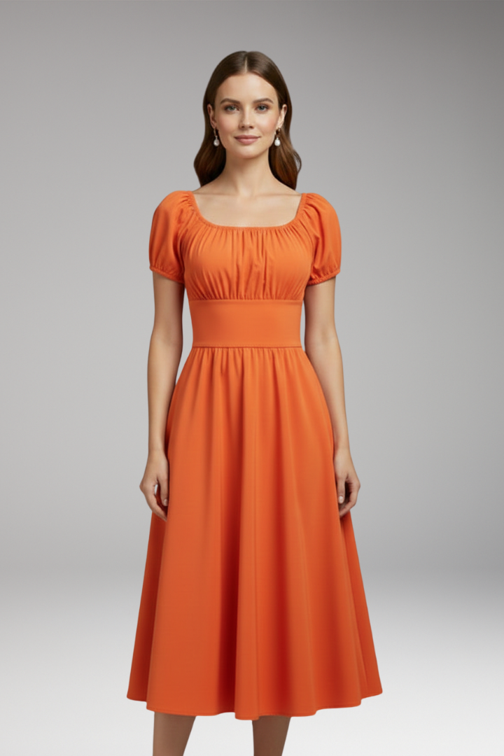 Women's Dress with Puff Sleeves and Waist Shaping