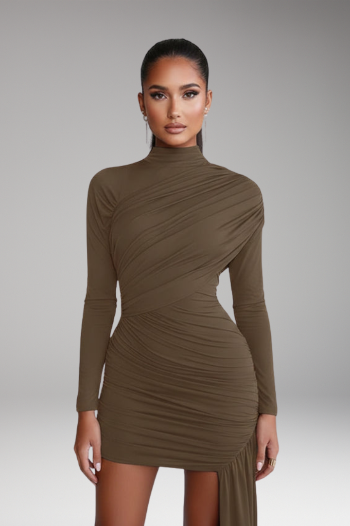 Women's Mini Dress with Asymmetrical Skirt and Stand-Up Collar