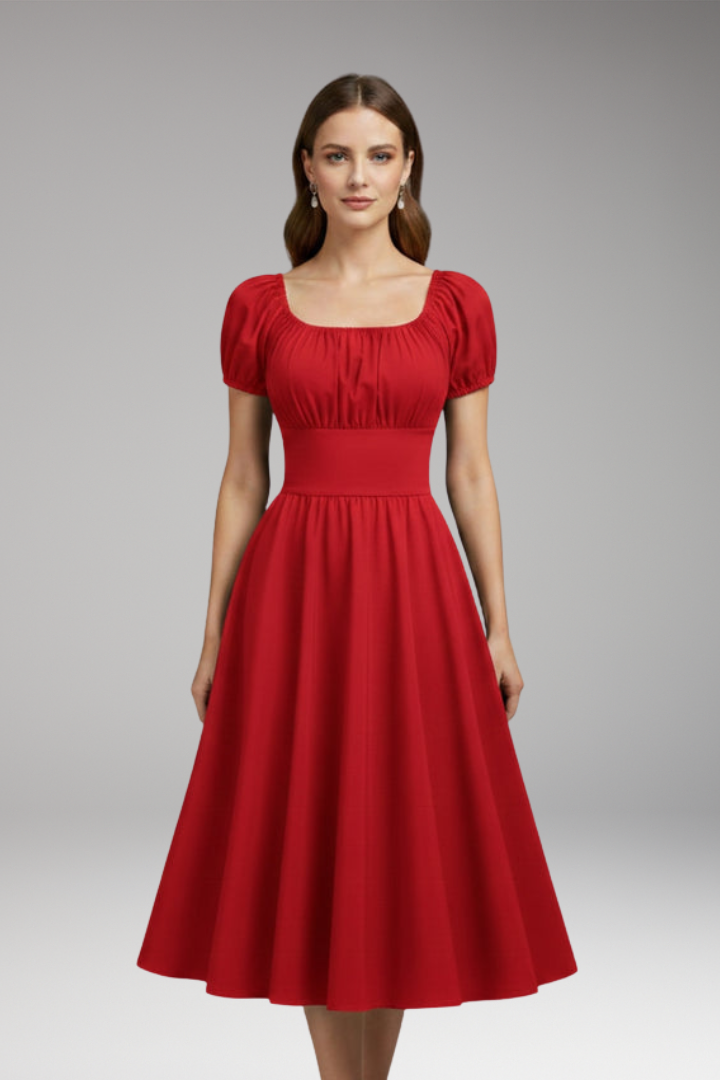 Women's Dress with Puff Sleeves and Waist Shaping