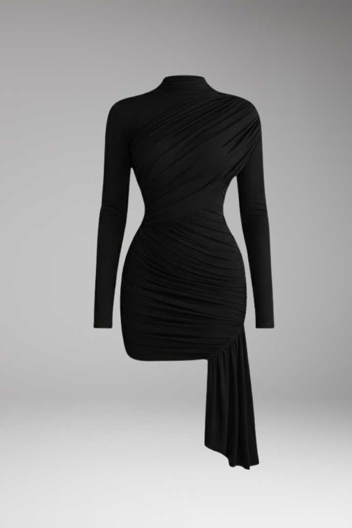 Women's Mini Dress with Asymmetrical Skirt and Stand-Up Collar