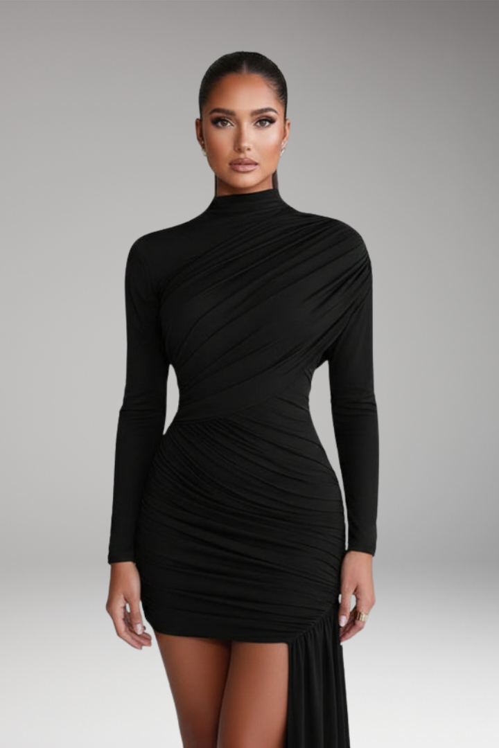 Women's Mini Dress with Asymmetrical Skirt and Stand-Up Collar