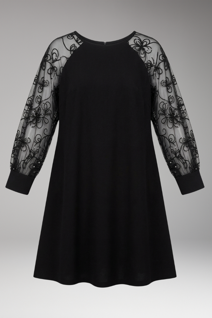 Women's Dress with Round Neck and Lace Sleeves