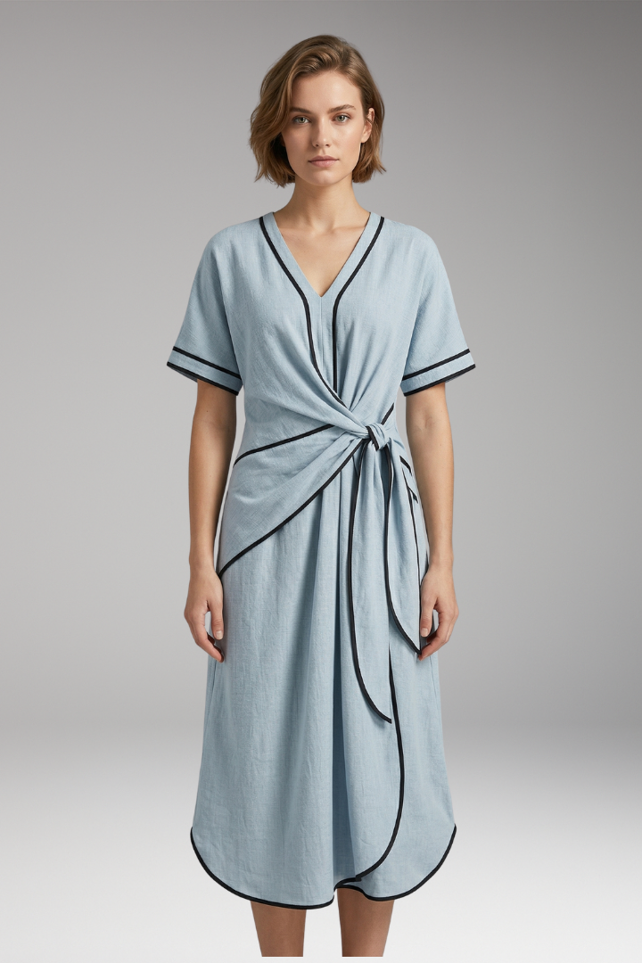 Women's Dress with V-Neck and Short Sleeves