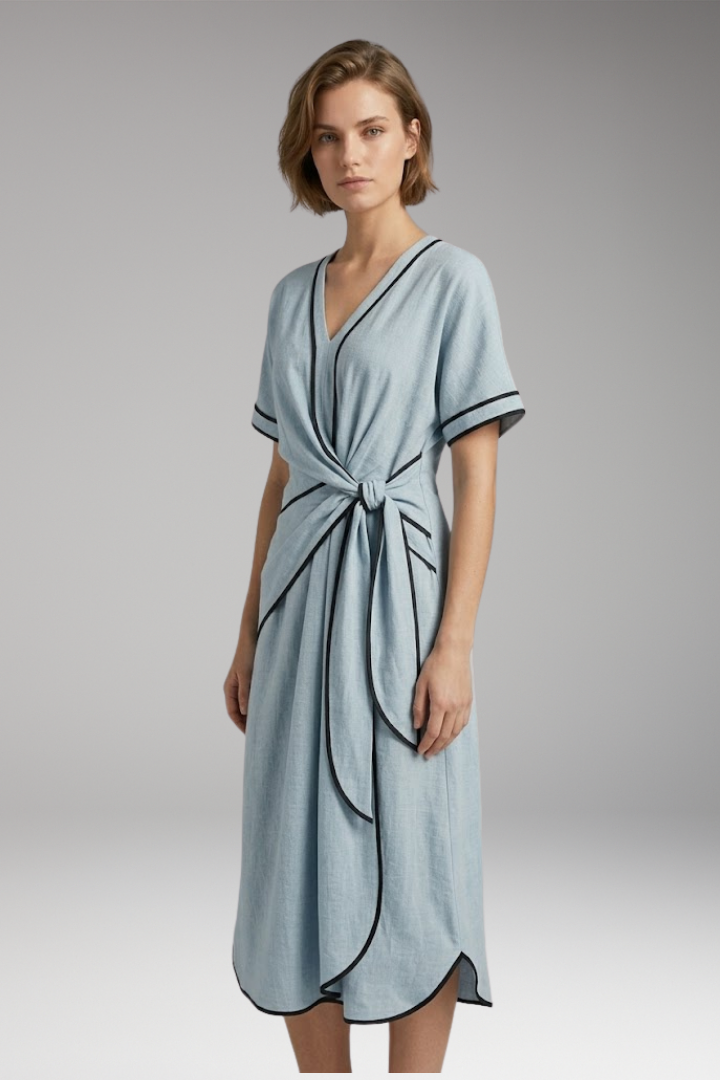Women's Dress with V-Neck and Short Sleeves