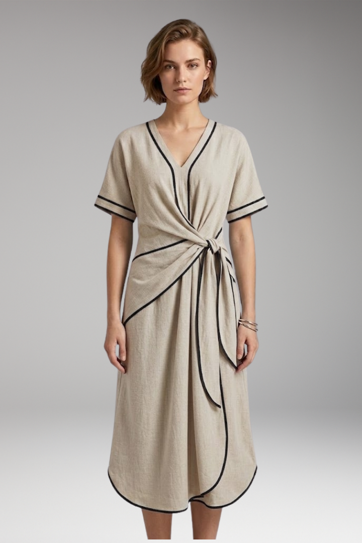 Women's Dress with V-Neck and Short Sleeves