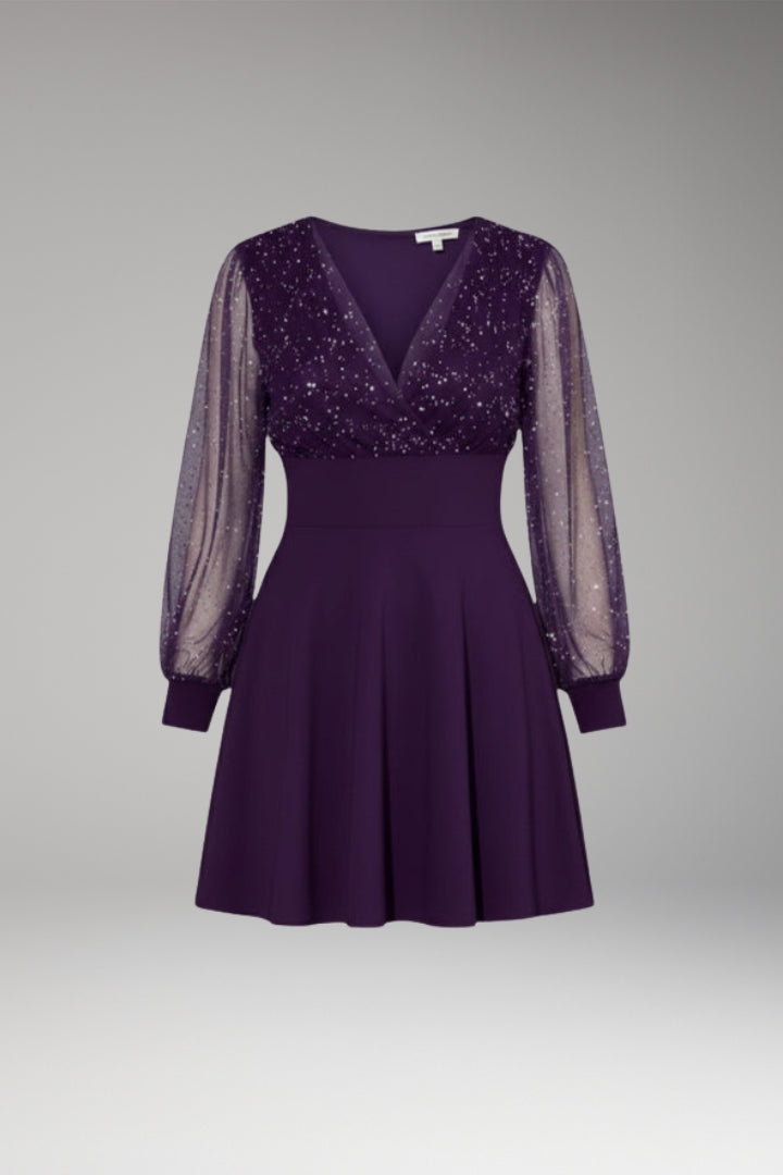 Women's Elegant Dress with Sheer Sleeves and Sparkling Details