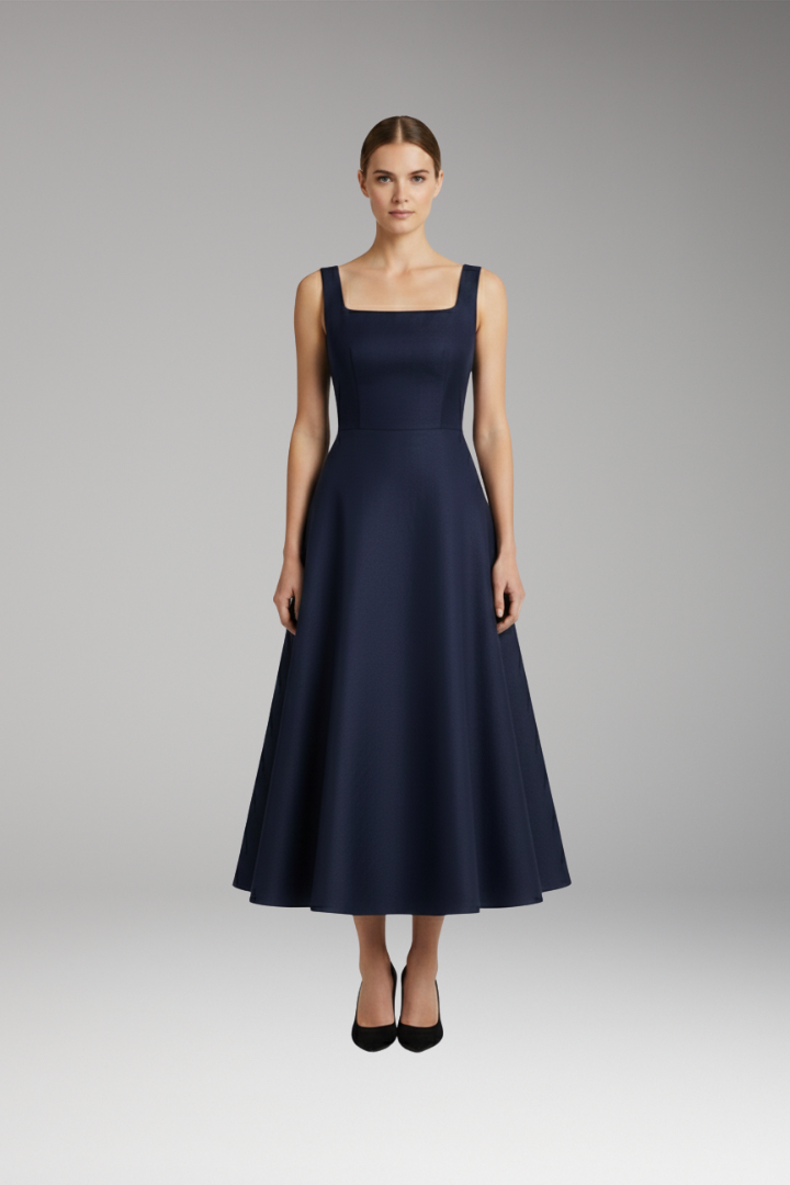 Women's Elegant Dress with Straps and Dark Blue Color