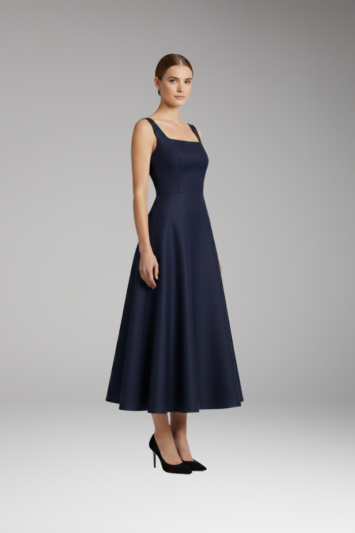 Women's Elegant Dress with Straps and Dark Blue Color